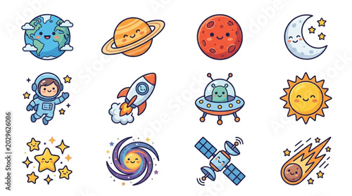 Cute Cartoon Space Objects and Characters Collection.