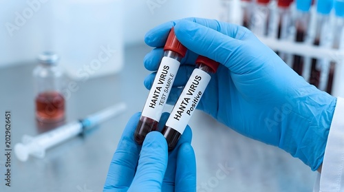 Foto Hands in blue gloves holding hanta virus test tubes with labels