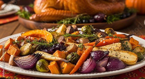 Roasted vegetables and turkey for a holiday feast on a wooden table