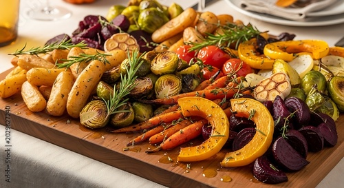 Roasted vegetable platter with herbs for culinary presentation and food displays