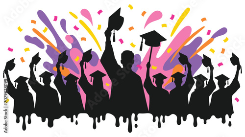 Foto Colorful graduation silhouette celebration with students tossing.