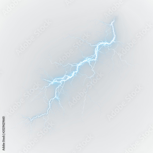 Quadro su tela Blue and white lightning bolt striking from a cloud during a storm in the evenin