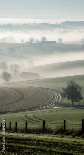Rolling hills landscape in misty morning sunlight nature scene
