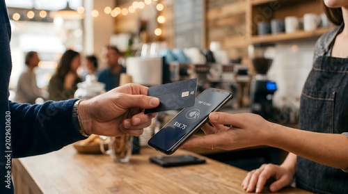 Customer making contactless payment with credit card on mobile phone at coffee shop counter.