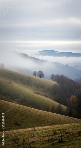 Rolling hills landscape with fog creating an atmospheric scenic background