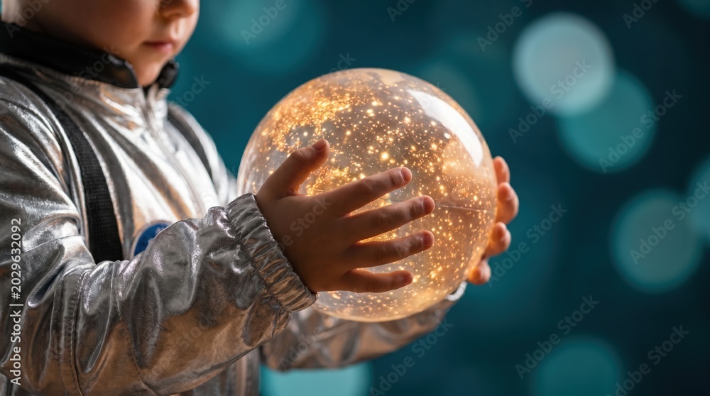 Naklejka premium Space exploration and childhood dreams, child in silver astronaut costume holding a glowing glass sphere filled with stars, science education.