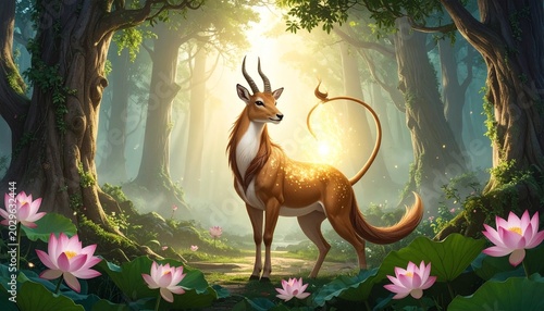 Enchanting Forest Guardian - A Mythical Deer with a Lions Tail.