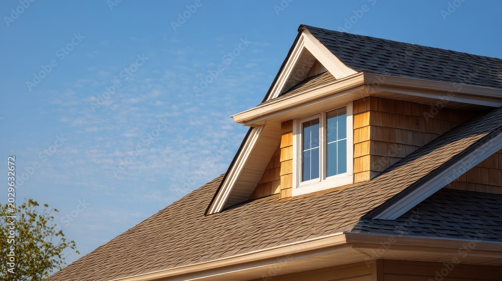 Obraz premium Warm daylight on a house roof with a welcoming dormer window