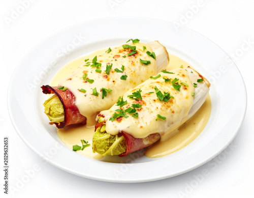 Belgian chicon au gratin, endive wrapped in ham with béchamel sauce, white plate. AI