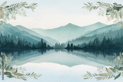 Watercolor mountain lake forest clip art for wedding invitations and summer nature prints