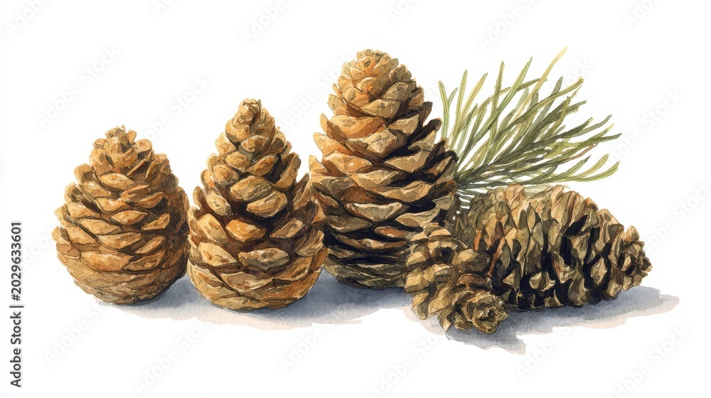 Fototapeta premium Watercolor pine cones set, natural tones, botanical illustration on white background
