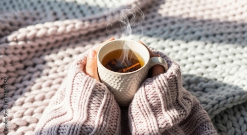 Cozy hands holding a steaming mug of tea wrapped in a chunky knit blanket