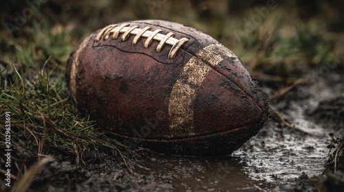 Weathered leather football resting in mud on a rain-soaked field