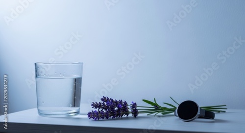 A glass of water, lavender sprigs, and a smartwatch on a white surface