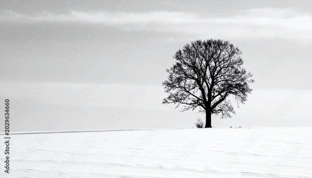Fototapeta premium Solitary Tree in Winter Landscape - A Study in Black and White.