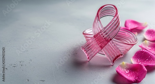 Pink awareness ribbon made of glass with rose petals on grey surface