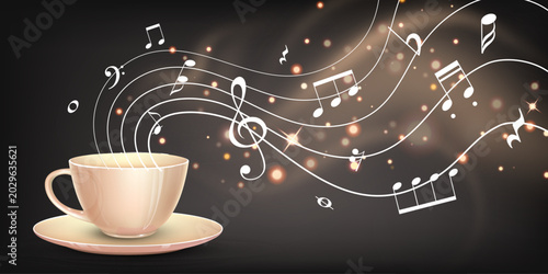 Coffee cup with musical steam on dark background