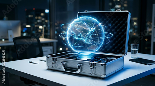 Holographic globe network emerging from a brief case, symbolizing global business technology and secure data exchange
