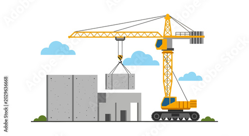 Yellow Tower Crane Lifting Concrete Block at Construction Site Building Development Illustration