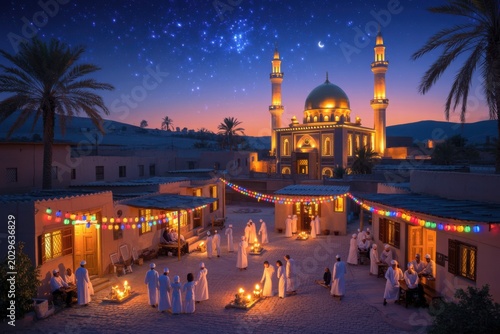 Ramadan celebration in a village with a mosque under a starry night sky illustration