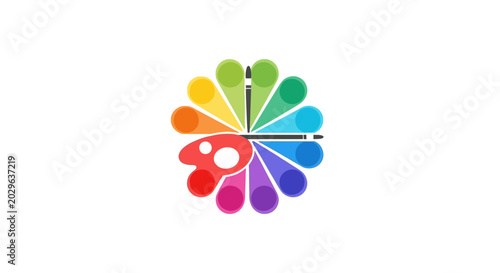 Vibrant Abstract Colorful Paint Flower with Brush Icon on Isolated White Background