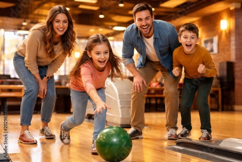Happy family bowling together at indoor alley having fun and cheerful weekend activity