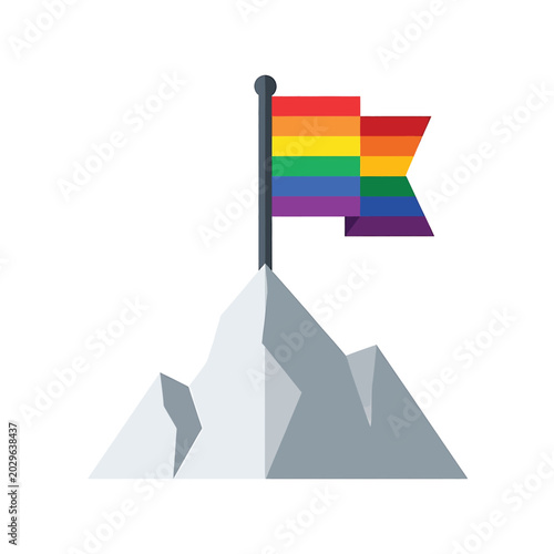 Photography Rainbow flag on mountain peak symbol.