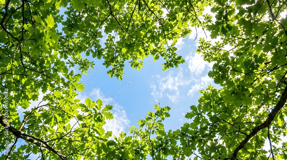 Fototapeta premium Vibrant green leaves frame a clear blue sky with fluffy white clouds on a sunny day.