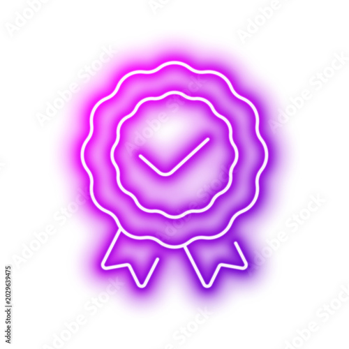 Ribbon Badge Check Showing Quality Approval Approved. Neon glowing effect icon