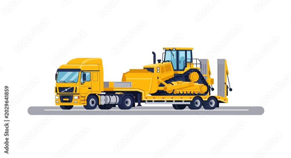 Obraz premium Yellow Semi-Truck Transporting Large Bulldozer on Low-Loader Trailer Flat Vector Illustration Isolated on White
