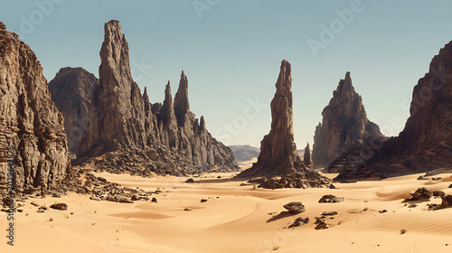 Surreal desert landscape featuring towering rock spires and sandy dunes under a clear sky for science fiction and fantasy concept backgrounds