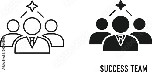 Team success icon set line art and solid silhouette versions