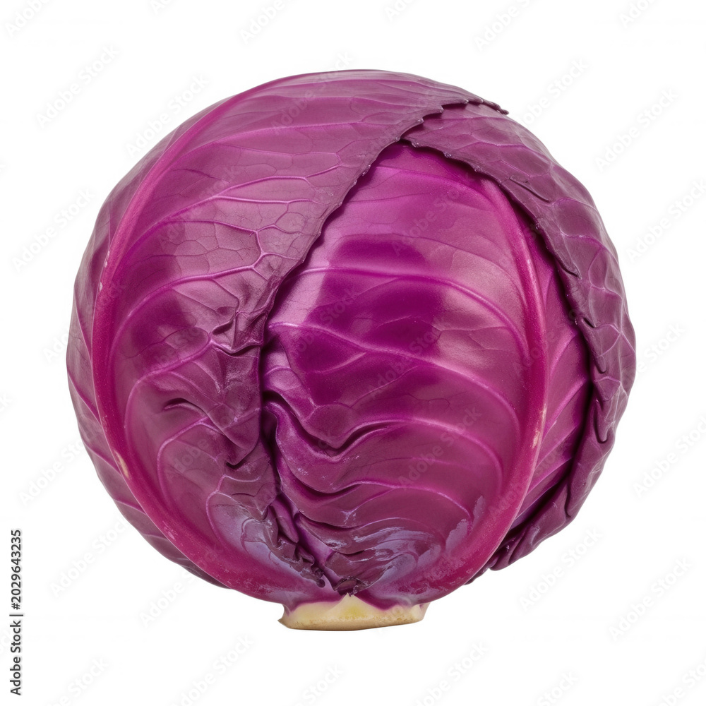 Obraz premium A single, whole head of fresh red cabbage with vibrant purple leaves and visible veins, isolated against a solid black background