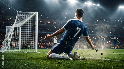 Soccer player celebrates scoring a goal in a brightly lit stadium during a professional match.