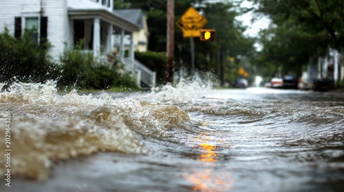Closeup of high water flooding on residential neighborhood street after heavy rainstorm. Urban disaster scene with submerged roadway, severe weather and rising floodwaters