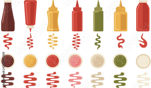Obraz na płótnie Condiment bottle and sauce illustrations with ketchup, mustard, mayonnaise, reli