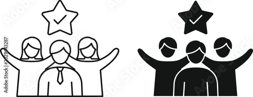 Team success icon set line art and solid silhouette versions