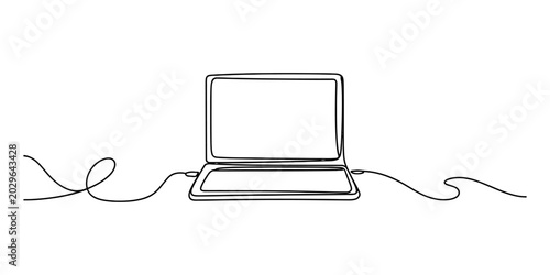 Obraz na płótnie Laptop computer line art drawing with cord, minimalistic style