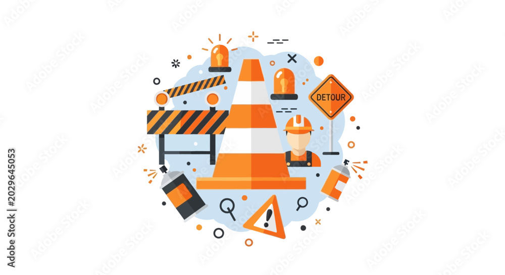 Fototapeta premium Construction Site Safety and Road Work Vector Illustration with Traffic Cone, Worker, Barrier, and Warning Signs