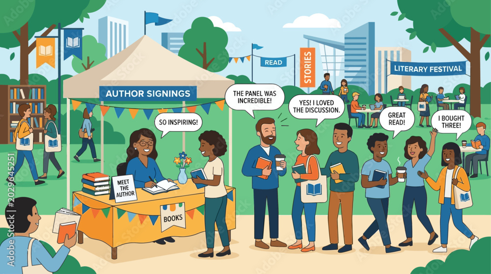 Naklejka premium This flat design vector illustrates a bustling literary festival scene, showing writers and readers networking, sharing ideas, and celebrating books within a vibrant community setting.