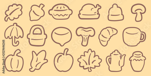 Set of autumn line art icons with leaf, acorn, pie, turkey, umbrella, hat, mushroom, pumpkin, and cozy kitchen objects on beige background
