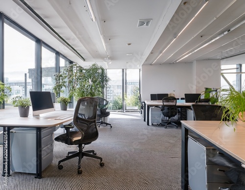 modern coworking space interior design with desks chairs and plants in a bright open office area interior architecture
