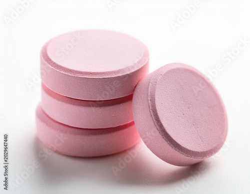 stack of four light pink effervescent tablets on white background