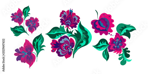 Plant motifs with flowers and leaves in the old Ukrainian style for decor, patterns and rooms