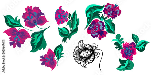 Plant motifs with flowers and leaves in the old Ukrainian style for decor, patterns and rooms