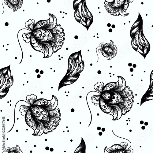 Plant motifs with flowers and leaves in the old Ukrainian style for decor, patterns and rooms