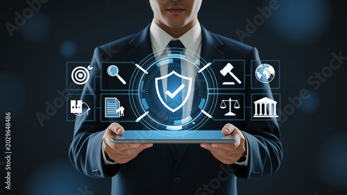 A digital illustration of a person in a dark business suit holding a floating holographic interface against a dark blue background