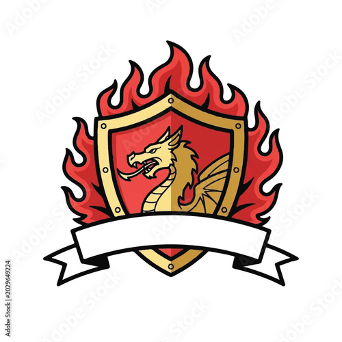 Photos Dragon on a shield with flames.