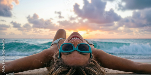 Slender blonde woman in white bikini lying on beach towel, wearing blue sunglasses, smiling with mouth open, ocean waves and cloudy sunset in the background.