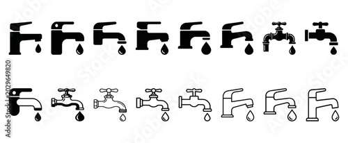Water faucet icons with droplets collection